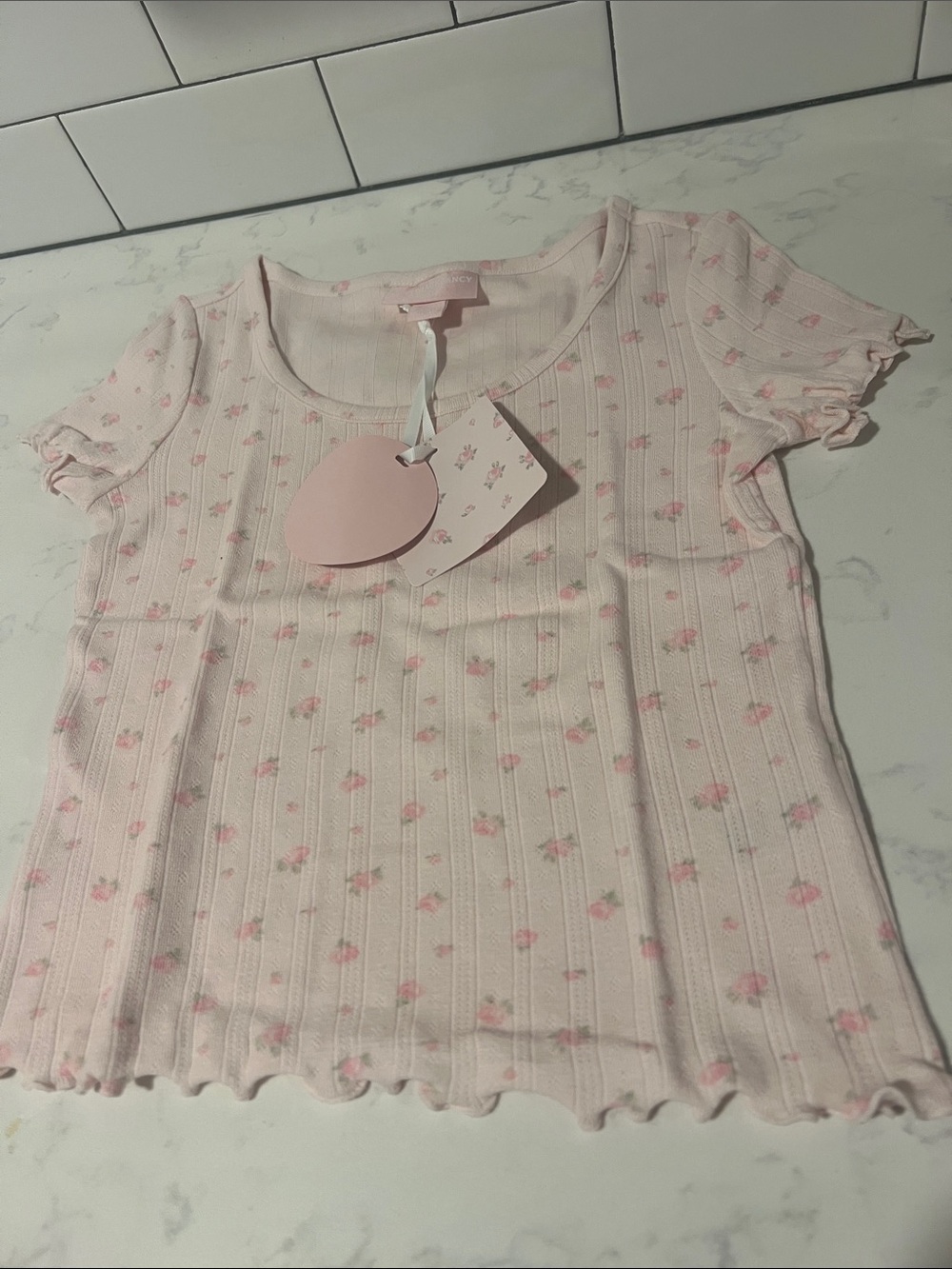 LoveShackFancy Light Pink Floral Ribbed Short Sleeve Top